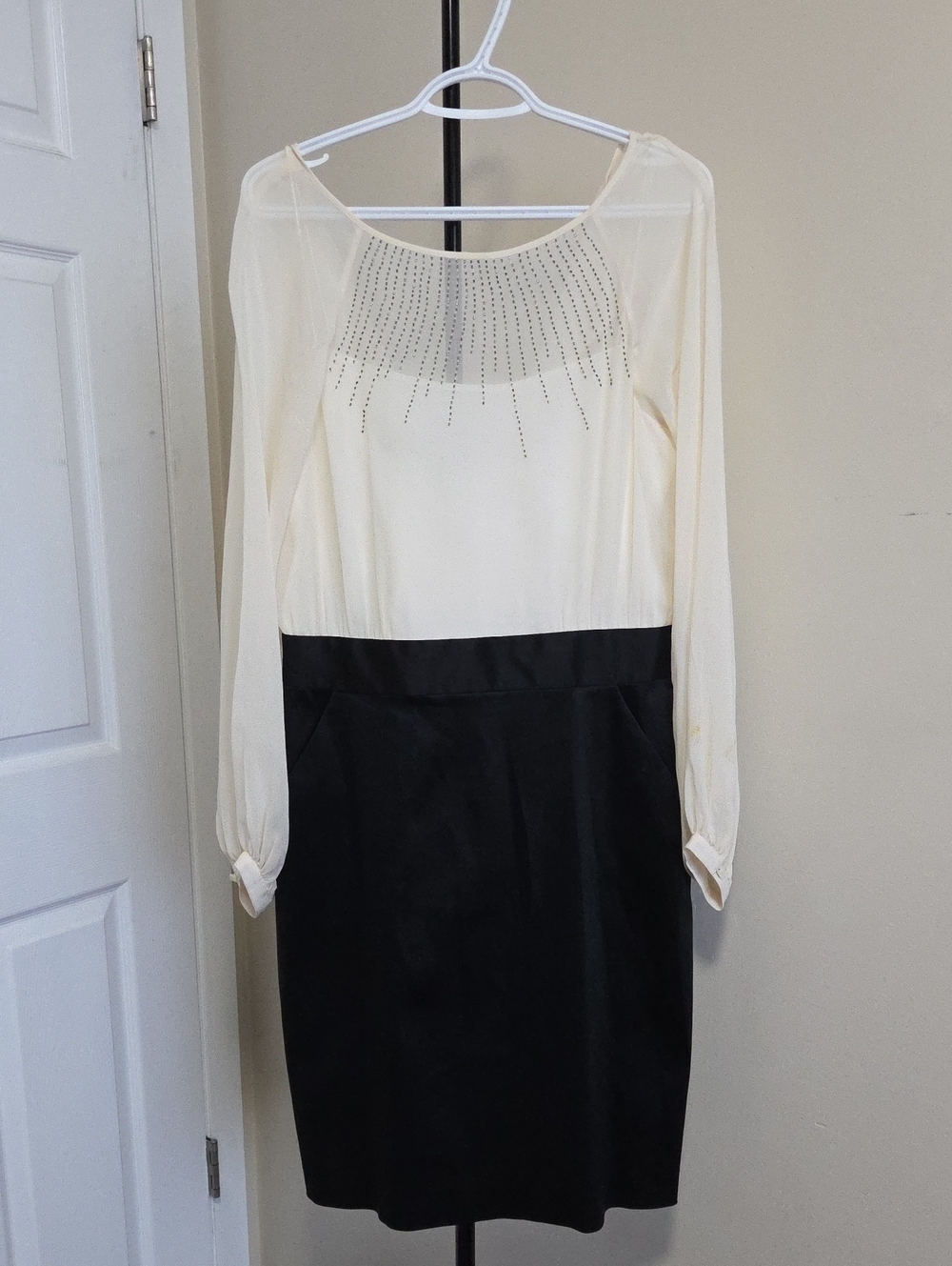 Nine West Cream Top Black Skirt Long Sleeve Sheath Dress with Stud Detail